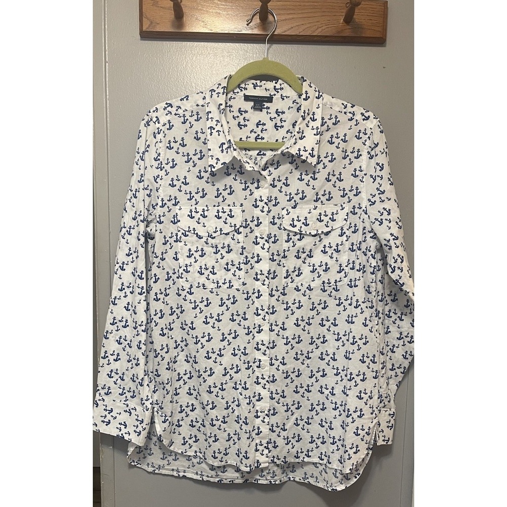 Tommy Hilfiger Women's Anchor Nautical Long Sleeve White Shirt size L/G